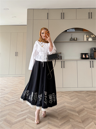 Nakışlı Poplin Etek Siyah (2329)