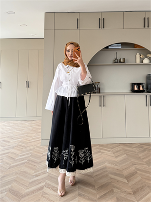 Nakışlı Poplin Etek Siyah (2329)