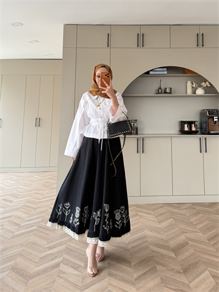 Nakışlı Poplin Etek Siyah (2329)