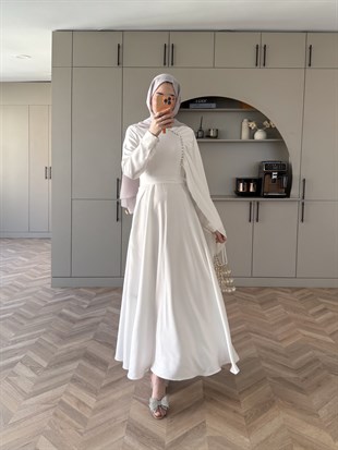 Nalia Şal Detaylı Saten Elbise Beyaz (26079) 