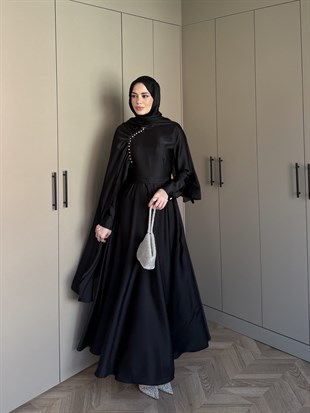 Nalia Şal Detaylı Saten Elbise Siyah (26079)
