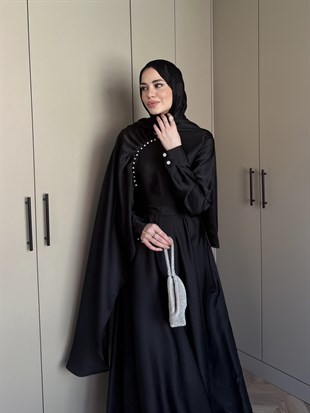 Nalia Şal Detaylı Saten Elbise Siyah (26079)