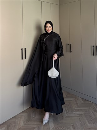 Nalia Şal Detaylı Saten Elbise Siyah (26079)