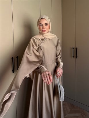 Nalia Şal Detaylı Saten Elbise Vizon (26079)