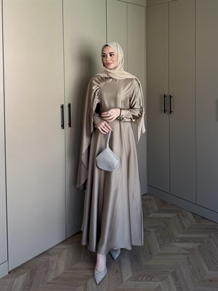 Nalia Şal Detaylı Saten Elbise Vizon (26079)
