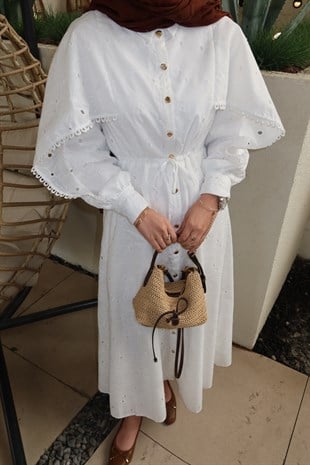 (ÖNSİPARİŞ) 15 iş günü sonra kargolanacaktır Narin Şal Detaylı Elbise Beyaz (4462)