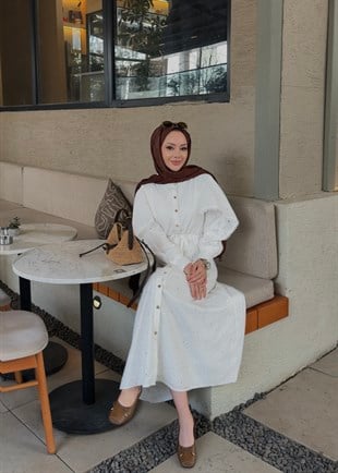 (ÖNSİPARİŞ) 15 iş günü sonra kargolanacaktır Narin Şal Detaylı Elbise Beyaz (4462)