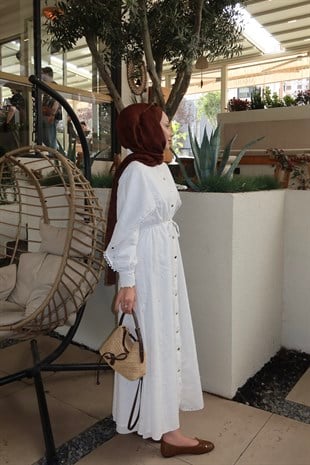 (ÖNSİPARİŞ) 15 iş günü sonra kargolanacaktır Narin Şal Detaylı Elbise Beyaz (4462)