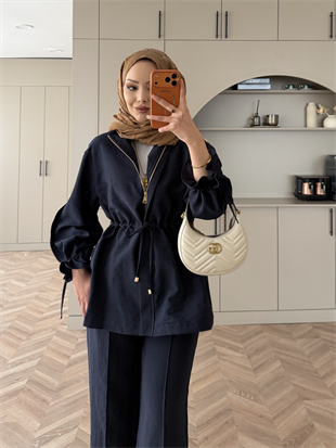 Natali Düğme Detaylı Beli Büzgülü Cupra Takım Lacivert (4403)