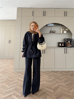 Natali Düğme Detaylı Beli Büzgülü Cupra Takım Lacivert (4403)