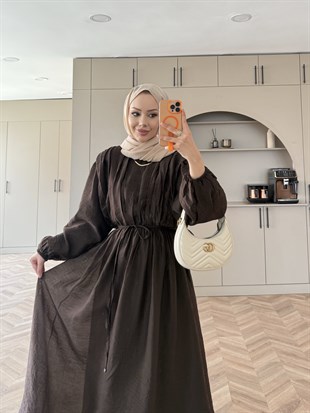 Navy Beli Büzgülü Elbise Acı Kahve (2027)