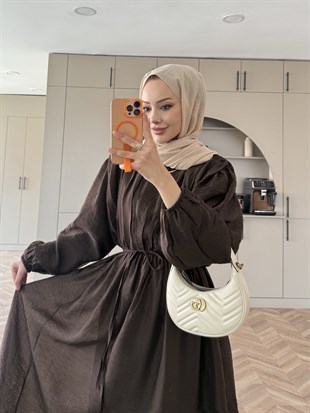 Navy Beli Büzgülü Elbise Acı Kahve (2027)