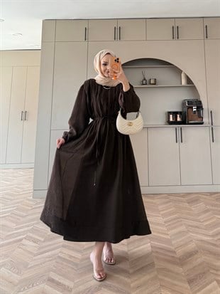 Navy Beli Büzgülü Elbise Acı Kahve (2027)