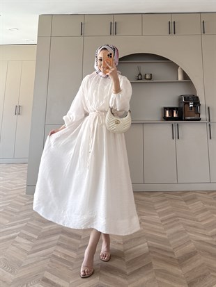 Navy Beli Büzgülü Elbise Beyaz (2027)