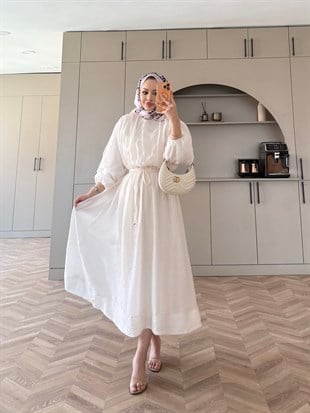 Navy Beli Büzgülü Elbise Beyaz (2027)