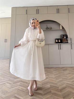 Navy Beli Büzgülü Elbise Beyaz (2027)