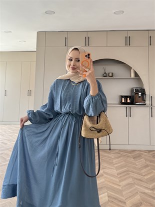 Navy Beli Büzgülü Elbise Mavi (2027)