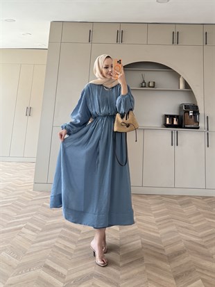 Navy Beli Büzgülü Elbise Mavi (2027)