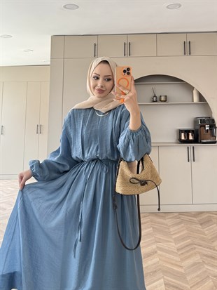 Navy Beli Büzgülü Elbise Mavi (2027)