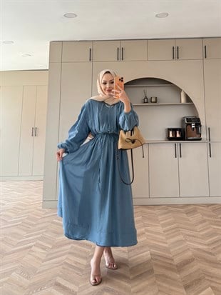 Navy Beli Büzgülü Elbise Mavi (2027)
