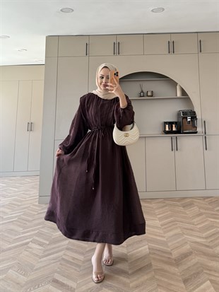Navy Beli Büzgülü Elbise Mürdüm (2027)