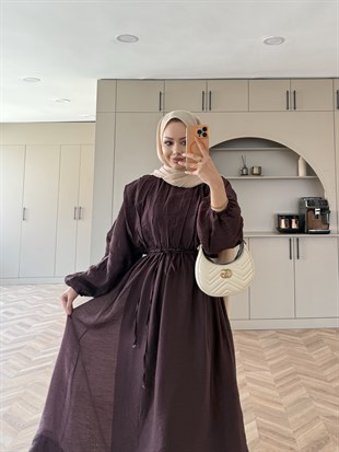 Navy Beli Büzgülü Elbise Mürdüm (2027)