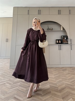 Navy Beli Büzgülü Elbise Mürdüm (2027)