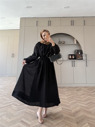 Navy Beli Büzgülü Elbise Siyah (2027)