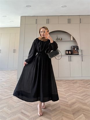 Navy Beli Büzgülü Elbise Siyah (2027)