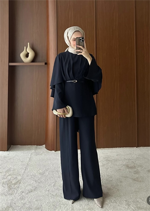 Nazra Yarasa Kol Pantolonlu Takım Lacivert (2358)