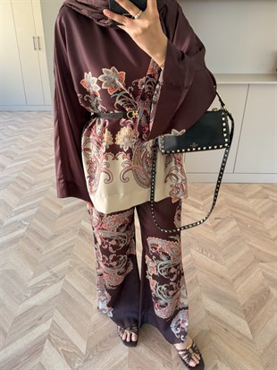 Nefes Çiçek Desenli Pantolonlu Takım Kahve (5823)