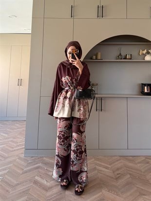 Nefes Çiçek Desenli Pantolonlu Takım Kahve (5823)