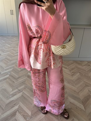 Nefes Çiçek Desenli Pantolonlu Takım Pembe (5823)
