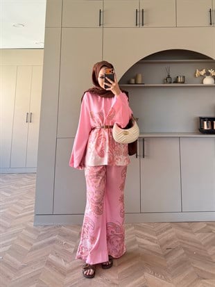 Nefes Çiçek Desenli Pantolonlu Takım Pembe (5823)