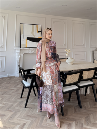 Nell Şal Desen Etekli Takım Pembe (5757)