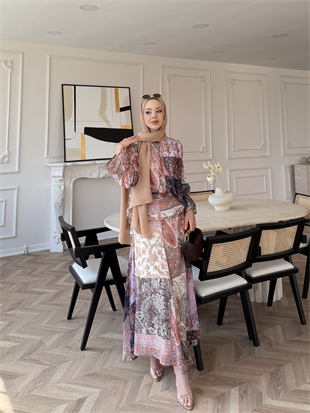 Nell Şal Desen Etekli Takım Pembe (5757)