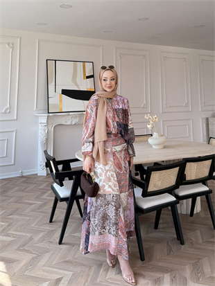 Nell Şal Desen Etekli Takım Pembe (5757)