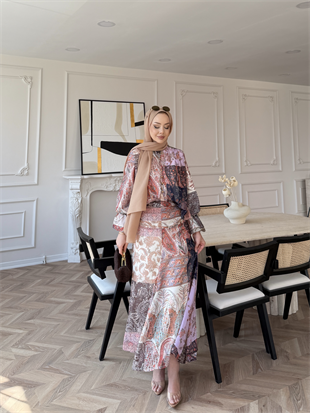 Nell Şal Desen Etekli Takım Pembe (5757)