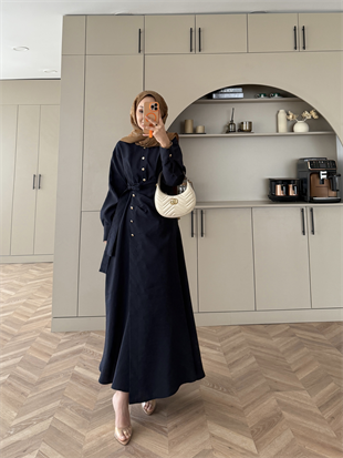 Niksa Yandan Bağlamalı Cupra Elbise Lacivert (667)