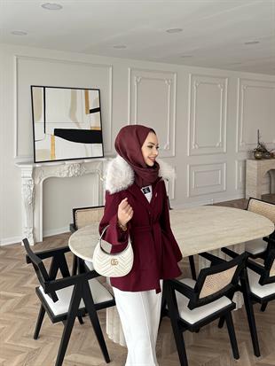 Nisse Kürk Detaylı Kaban Bordo