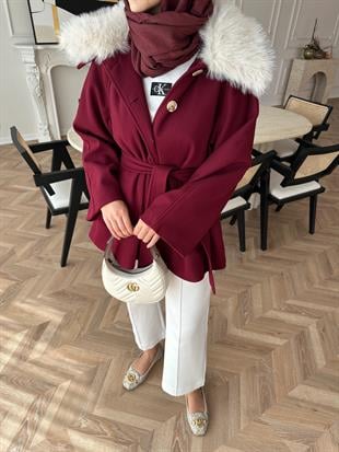 Nisse Kürk Detaylı Kaban Bordo