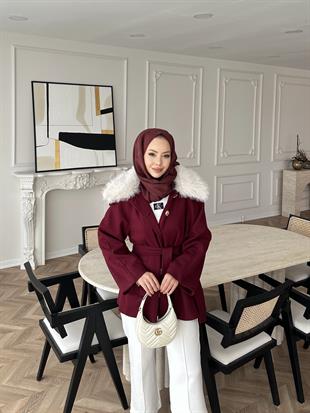 Nisse Kürk Detaylı Kaban Bordo
