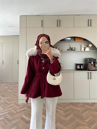 Nisse Kürk Detaylı Kaban Bordo