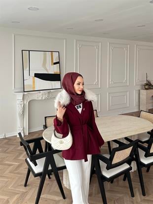Nisse Kürk Detaylı Kaban Bordo