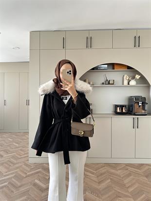 Nisse Kürk Detaylı Kaban Siyah