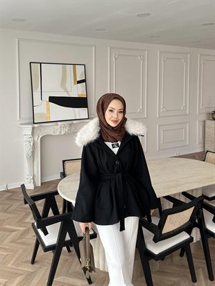 Nisse Kürk Detaylı Kaban Siyah