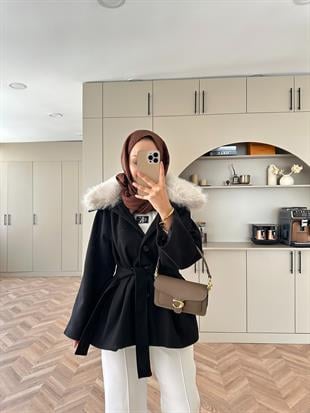 Nisse Kürk Detaylı Kaban Siyah