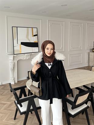 Nisse Kürk Detaylı Kaban Siyah