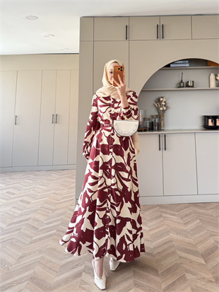 Noble Kemerli Desenli Elbise Bordo (837)