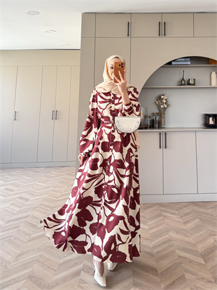 Noble Kemerli Desenli Elbise Bordo (837)